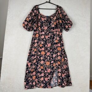 Old Navy Navy Floral Puff Sleeve Smocked Pintucked Milkmaid Midi Dress Women XL